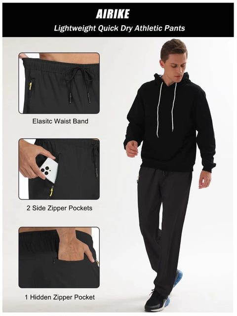 Model wearing Men's Water Resistant Quick Dry Sweatpants For Running And Hiking Lightweight Polyester With Pockets
