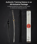 Unsharpened Stainless Steel Katana Iaito For Iaido Practice, 28.5 Inch Blade With Bo-Hi Fuller, shown with case and packaging