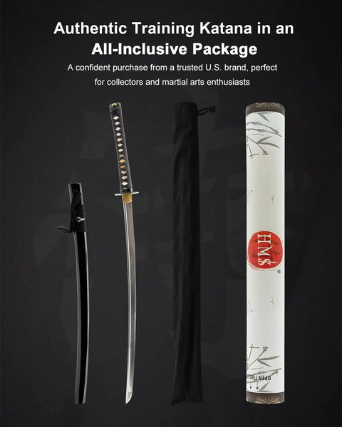 Unsharpened Stainless Steel Katana Iaito For Iaido Practice, 28.5 Inch Blade With Bo-Hi Fuller, shown with case and packaging