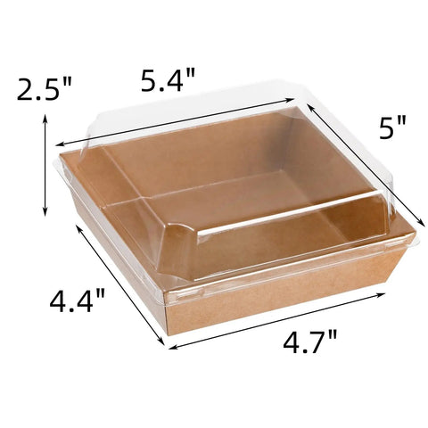 100 Pack Charcuterie Boxes With Clear Lids, 5.4 By 5 By 2.5 Inches Disposable Brown Square Food Container, dimensions shown