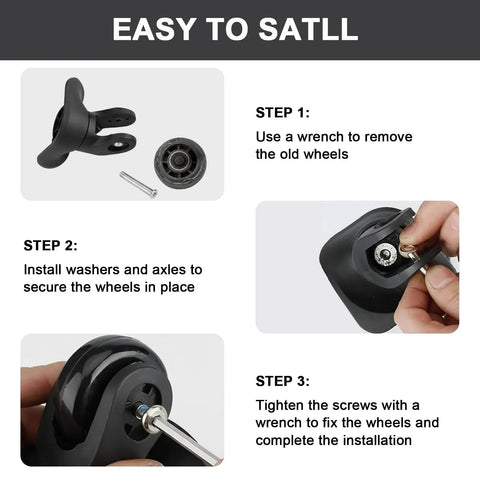 Set Of 8 Luggage Replacement Wheels With 50mm Rubber Swivel Casters showing installation steps with wrenches and screws