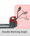 Tory 4400 Lb Electric Pallet Jack Truck With 48 By 27 Forks showing ergonomic handle working angle and controls.