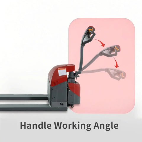 Tory 4400 Lb Electric Pallet Jack Truck With 48 By 27 Forks showing ergonomic handle working angle and controls.