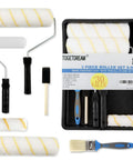 All In One 9 Piece Paint Roller Set With 9 Inch And 4 Inch Microfiber Rollers Brushes Tray Sponge Brush Sleeves For Walls Ceilings Cabinets DIY Painting Kit Pro Grade shown with components spread out next to a tray.