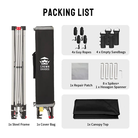 Packing list for 10x10 Pop Up Canopy With One Push CenterLok Setup For No Fuss Quick Outdoor Shade At Events And Camping Includes STO N GO Cover Bag Silver Coated Top Black Frame For Beach Events, showing steel frame, cover bag, ropes, sandbags, repair patch, spikes, spanner, and canopy top.