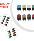 Heavy Duty 8 Pack Circuit Breaker Kit 3A To 30A Range shows eight auto reset surge guards in various colors, perfect for automotive use.