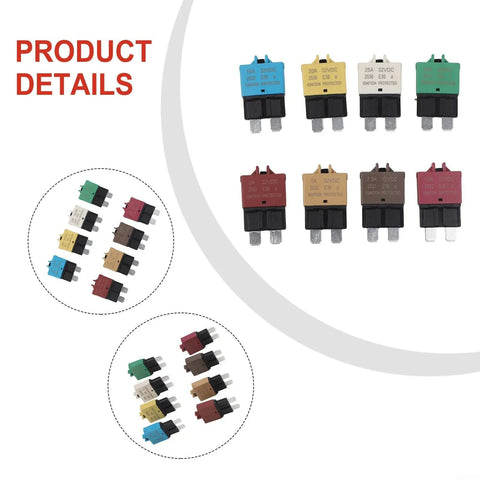 Heavy Duty 8 Pack Circuit Breaker Kit 3A To 30A Range shows eight auto reset surge guards in various colors, perfect for automotive use.
