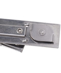 Stainless steel casement window hinge, friction stay with round pivot and mounting plate; close-up view