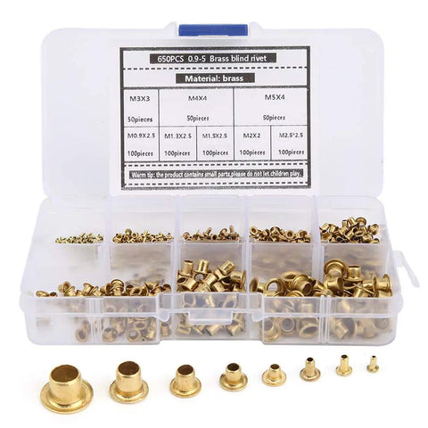 Top Shelf Brass Eyelets Rivets Kit 650 Pcs Hollow Metal Grommet Set Heavy Duty Buttonhole Hardware in a clear case.