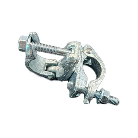 British Swivel Scaffolding Couplers For 1 3/4 To 1 9/10 Inch Tube, Heavy Duty Galvanized Carbon Steel, No Fuss Install, 4 Piece Set For Solid, Safe Pipe Framework. Swivel clamp shown close-up.