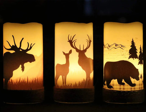 Flameless Flickering LED Pillar Candles With Hemp Rope And 6 Hour Timer Battery Operated Set Of 3 Real Wax Rustic Candles With Deer Moose Bear Decals For Cozy Christmas Home Decor Vibes