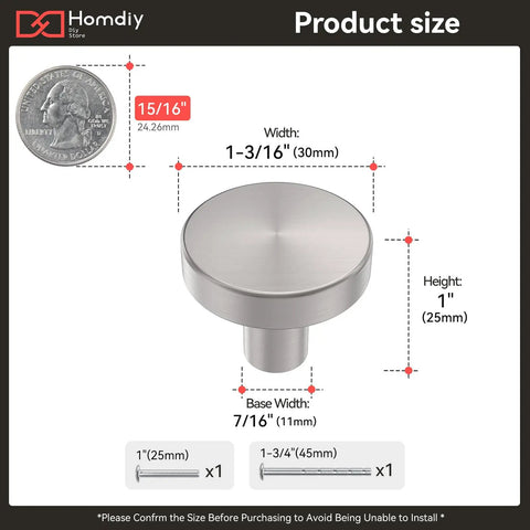 Brushed Nickel Cabinet Knobs Set 25 Pack Round Kitchen Drawer Knobs Silver Metal Handles with size and measurements
