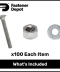 1/4-20 Inch Galvanized Carriage Bolt Kit For Exterior Use Grade A Coarse Full Thread 1-3/4 Inch Length 100 Pack With 100 USS Flat Washers And 100 Hex Nuts Heavy Duty Outdoor Ready Hot Dipped Galvanized Meets ASTM F2329 showing bolt, nut, and washer.