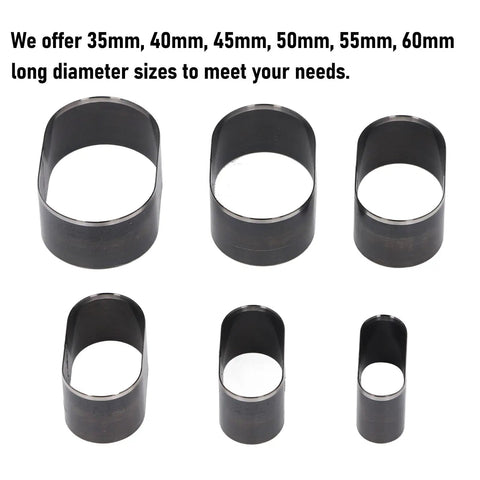 Pro Grade Leather Cutting Dies Set Six Pcs Oval Hole Hollow Punch Cutter Dies for DIY Leatherwork Gear, shown in six sizes 35-60mm.