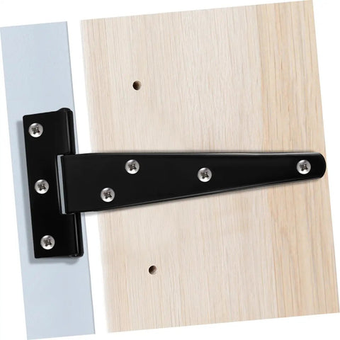 8Pcs 5 Inch Black Galvanized T Type Weld On Door Hinges Heavy Duty Outdoor Cabinet And Garage Door Hardware For Mobile Homes And Wooden Boxes Durable Steel Hinges For Exterior And Interior Doors on wood and metal surface