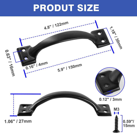 Diagram showing dimensions of Vintage Inspired 5.5 Inch Black Curved Cabinet Door Handles Made From Solid Iron for dressers and cupboards.
