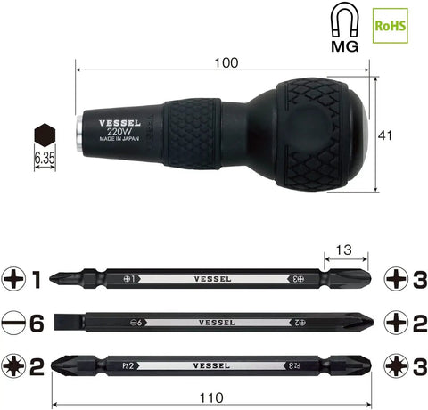 Ball Grip Interchangeable Screwdriver Kit With One Quarter Inch Hex Bits Pro Grade Includes Six Double End Bits PZ2 PZ3