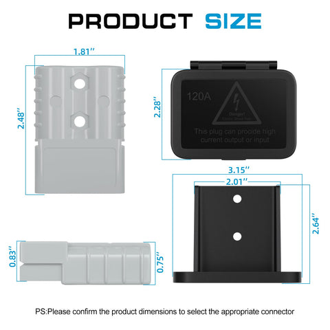 Built Tough 120 Amp Battery Quick Disconnect Connector Kit dimensions for 2-6 AWG cables with mounting bracket, shown in gray.
