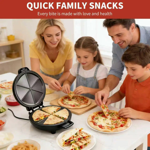 Family cooking together with Novalife Electric Quesadilla Maker 9.5 Inch Press, making cheese-filled tortillas.