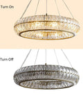 Sleek Modern Crystal Chandelier Ceiling Light With Adjustable Gold Pendant Ring Featuring Quick Setup Eight Bulb Glass Halo Fixture To Level Up Kitchen Dining Decor with lights on and off.