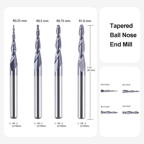 Front view: SpeTool 4-pack assorted R0.25–1.0 tapered ball-nose carbide end mills, 1/8" shank