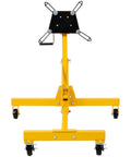 Heavy Duty 1000 Pound Engine Stand With Slick Rolling Wheels 360 Degree Rotation showing front view with black mounting plate and yellow frame.