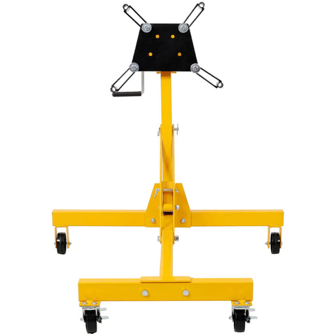 Heavy Duty 1000 Pound Engine Stand With Slick Rolling Wheels 360 Degree Rotation showing front view with black mounting plate and yellow frame.