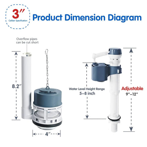 Smooth As Butter Finish That Annoying Leak With This Complete 3 Inch Toilet Tank Replacement Kit Heavy Duty DIY Toolkit Stops Noise Instant Quiet Refill Saves Cash Quick Fix product dimension diagram with size specifications.