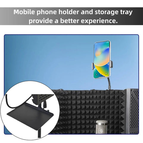 Microphone Isolation Shield With Pop Filter And Stand Plus Phone Clip For Recording Podcasting Streaming Singing And YouTube Videos Foldable Triple Layer Sound Proofing For Studio Use Black with phone holder shown