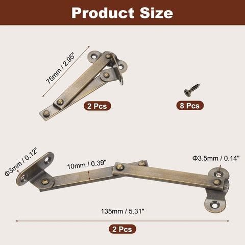 Two Pack Folding Lid Support Hinges Left Side Lift Up Stay Brass Rotatable Hinges with screws and dimensions