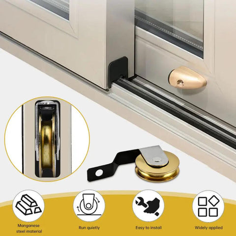 Four Pack Heavy Duty Steel Sliding Screen Door Rollers Replacement With Precision Ball Bearing Wheels For Top And Bottom Tracks Glides Smooth And Fits Universally For A No Sweat Swap, showing steel roller and track.