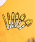 6 Piece Countersink Drill Bit Set With One Quarter Hex Shank 82 Degree Five Flute Center Punch For Metal Wood Plastic Nitride Coated High Speed Steel For Longer Life Great For DIY Projects Includes One Quarter Five Sixteenths Three Eighths One Half Five displayed on yellow background