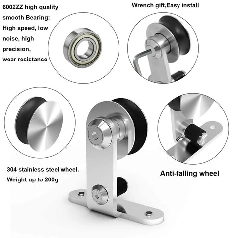 Side view of a top mount stainless steel barn door hardware kit including T style rails, rollers, and anti-falling wheel.
