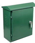 Outdoor Electrical Box Built Tough From 304 Stainless Steel Weatherproof NEMA Enclosure 20x16x8 Inches Junction Box For Exterior Use Rust Resistant Corrosion Proof Metal Box with side hinges and front latch on a green finish.
