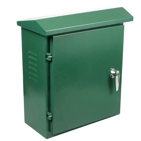 Outdoor Electrical Box Built Tough From 304 Stainless Steel Weatherproof NEMA Enclosure 20x16x8 Inches Junction Box For Exterior Use Rust Resistant Corrosion Proof Metal Box with side hinges and front latch on a green finish.