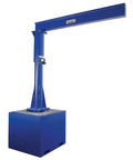 Rugged And Ready To Roll Portable Jib Crane With Eight Foot Steel I Beam And Concrete Base, blue painted steel frame.