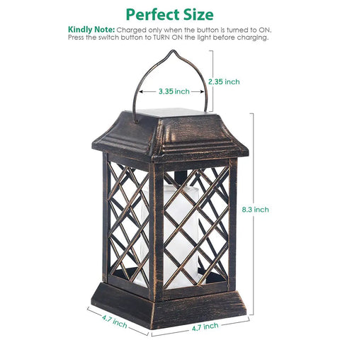 Bronze Solar Lanterns Outdoor Flickering Flame Metal Lanterns 2 Pack Waterproof Hanging Lights with size dimensions