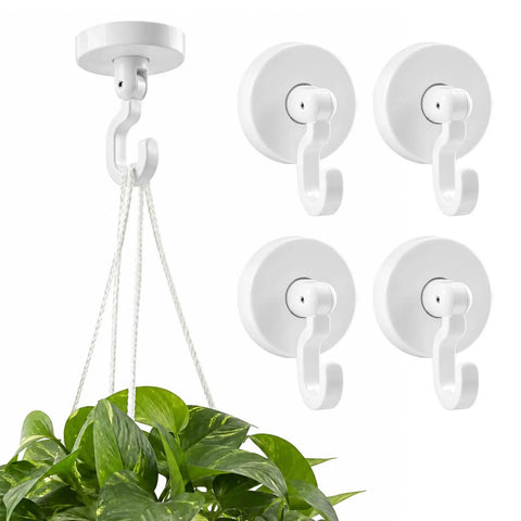 360 Degree Swivel Adhesive Wall And Ceiling Hooks, Heavy Duty No Drill Hanging Clips, with a plant suspended from a hook.