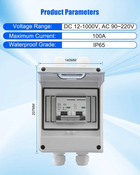 Heavy Duty 100 Amp Dc Circuit Breaker 1000 Volt Ip65 Waterproof detailed view showing voltage range and dimensions.