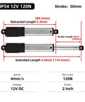 Diagram of Compact 50mm 120N Mini Electric Linear Actuator 12V with 2 Inch Stroke dimensions and specifications