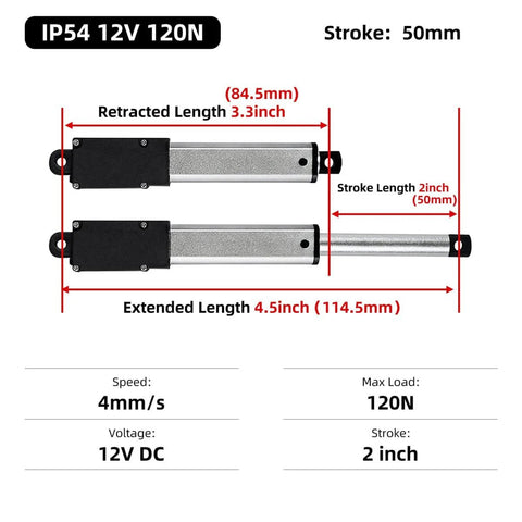 Diagram of Compact 50mm 120N Mini Electric Linear Actuator 12V with 2 Inch Stroke dimensions and specifications