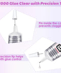 Clear Rhinestone Glue With Precision Tip 110 ML Quick Dry Multipurpose Adhesive For Jewelry Making Nails Art Clothes Fabric Shoes DIY Crafts. Close-up showing precision tip and cap pin for clog prevention.