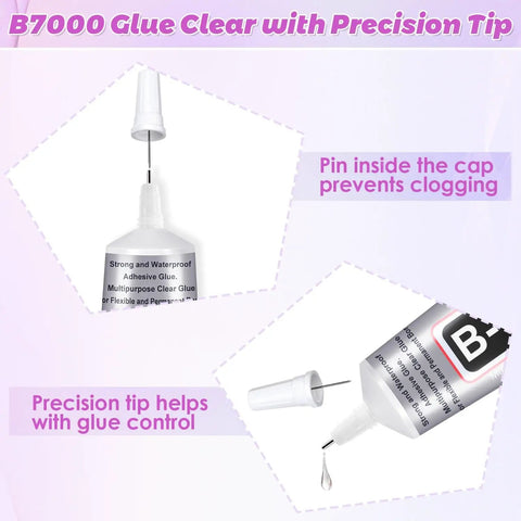 Clear Rhinestone Glue With Precision Tip 110 ML Quick Dry Multipurpose Adhesive For Jewelry Making Nails Art Clothes Fabric Shoes DIY Crafts. Close-up showing precision tip and cap pin for clog prevention.