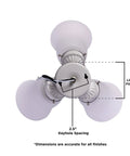 Three Light LED Ceiling Fan Light Kit In Oil Rubbed Bronze Finish With Frosted Ribbed Glass Shades Includes Three 2700K Soft White LED Bulbs For A Cool, Cozy, Classic Cluster Light Upgrade On Indoor Ceiling Fans, top view displaying frosted shades and keyhole spacing.