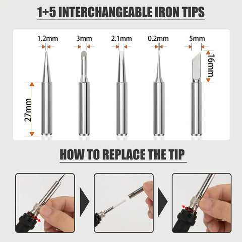 Five interchangeable tips for 60W Soldering Iron Kit With 5 Interchangeable Tips And 10 In 1 Adjustable Temperature Soldering Tool.