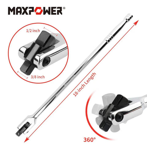 18 Inch Breaker Bar With Dual Half Inch And Three Eighths Drives, Flexible Handle And Swivel Head, 360 Degree Rotate, Cr-Mo Steel, Ergonomic Grip For Loosening Rusted Fasteners