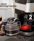 Fresh Ground Bean To Cup Drip Coffee Maker With Built In Auto Grinder showing 2-hour warming function with glass carafe.