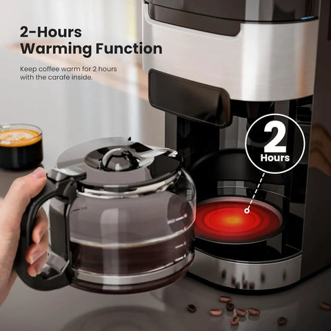Fresh Ground Bean To Cup Drip Coffee Maker With Built In Auto Grinder showing 2-hour warming function with glass carafe.