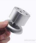 Heavy Duty Adjustable Stainless Steel Furniture Legs Rock Solid Round Metal Table Support Feet With Screws Hella Sturdy For Couches Desks And Cabinets 4 Pack held in hand.