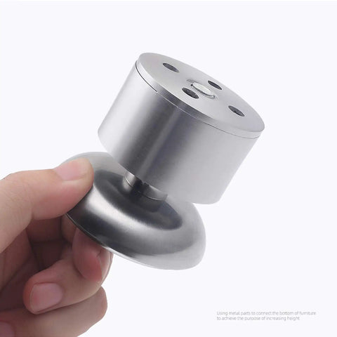 Heavy Duty Adjustable Stainless Steel Furniture Legs Rock Solid Round Metal Table Support Feet With Screws Hella Sturdy For Couches Desks And Cabinets 4 Pack held in hand.